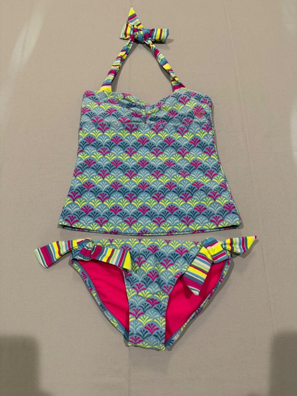 Roxy Girl Swimsuit Size 7 Girls 2 Piece Tankini Bikini Blue Pink Halter Swim
